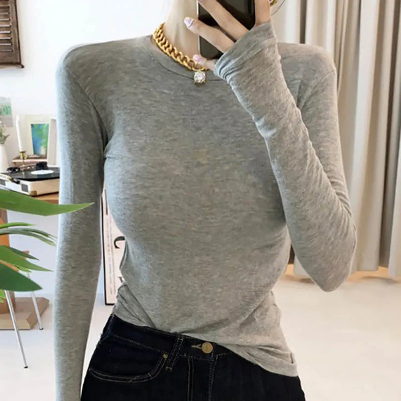 Thin T Shirt Women Cotton Long Sleeve Top T-Shirts Korean Style Slim Elastic Woman Clothes Tee Shirt Spring Camisetas De Mujer