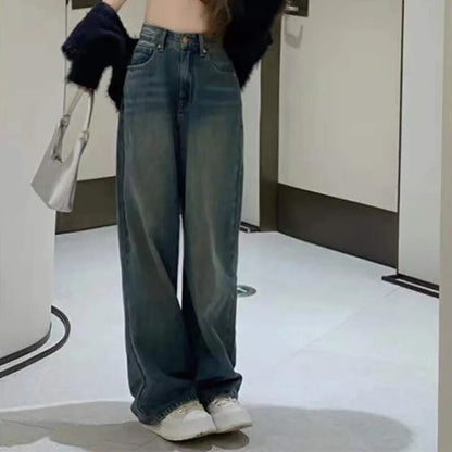 maoxiangshop Vintage Wide Leg Cargo Jeans Women Autumn High Waist Bagge Pants Woman Y2K Streetwear Loose Denim Trousers Female