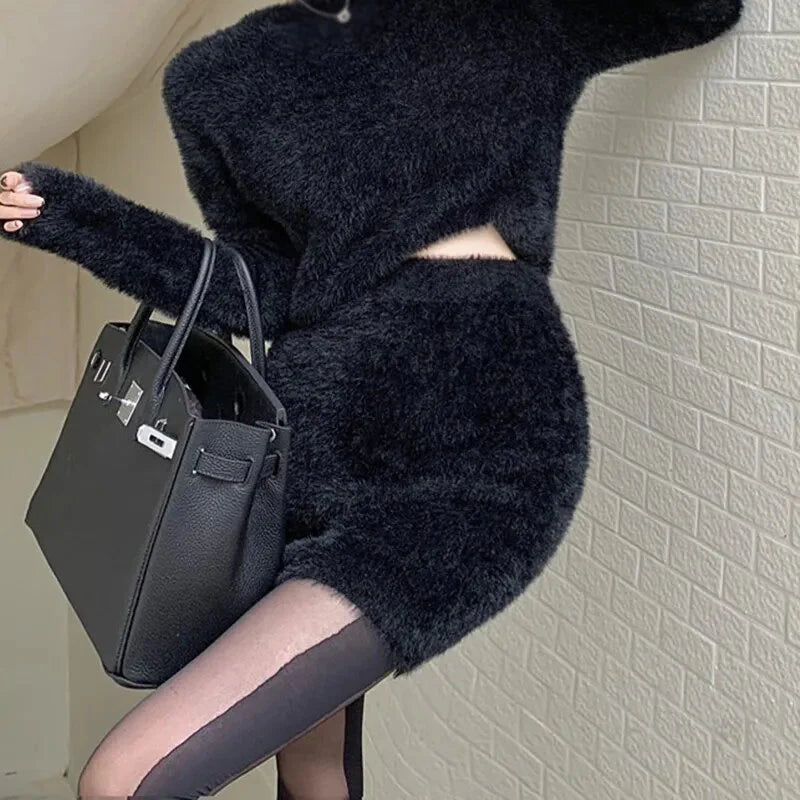 maoxiangshop Autumn Spring Women Mini Furry Skirt Faldas Mujer Moda Slim Sexy High Waist Wrap Hip Black  Bottom Wild Woolen Elegant Korean