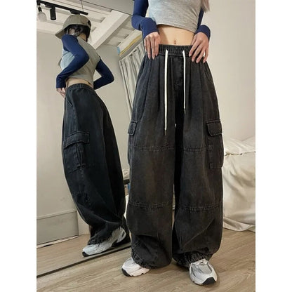 maoxiangshopHarajuku Vintage Blue Cargo Jeans Women Oversized Y2K Grunge Black Baggy Denim Pants Hip Hop Streetwear Wide Leg Trousers