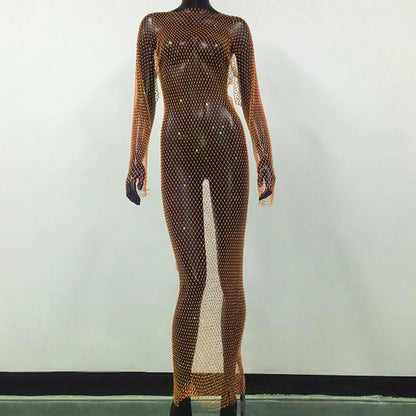 maoxiangshop-Y2K Sexy Shiny Rhinestones Grid Fishnet Dress Long Sleeve Hollow Out Side Slit Dress Beach Cover Up Breathable Lady Vestidos
