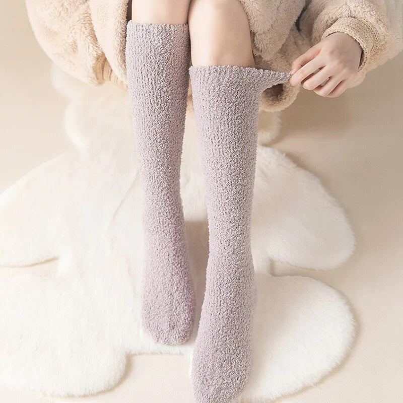 maoxiangshop  Unisex Candy Coral Fleece Long Socks Women Plush Winter Warm Thick Thigh Stockings Lolita Thigh High Home Sleep Floor Sock