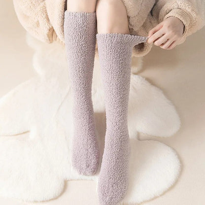 maoxiangshop  Unisex Candy Coral Fleece Long Socks Women Plush Winter Warm Thick Thigh Stockings Lolita Thigh High Home Sleep Floor Sock