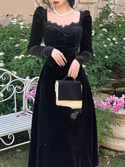 maoxiangshop DRESS TO IMPRESS Gothic Vintage Balck Long Sleeve Dress Women Fashion Velvet Midi Dress Female Korean Slim Even Party Elegant Lady Dresses