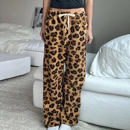 maoxiangshop  -  American Retro Leopard Print Plush Casual Pants Women Autumn Winter Streetwear Hot Girls Loose Warm Harajuku Y2K Pants