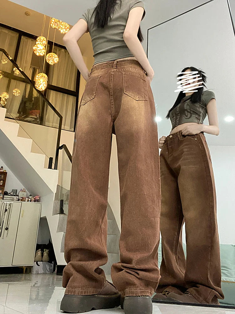 maoxiangshop Women Brown Jeans 90s Aesthetic Y2k Vintage Baggy Denim Trouser Fashion Harajuku High Waist Wide Cowboy Pants 2000s Clothes