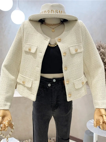 Autumn Winter Small Fragrant Tweed Jacket Coat Women Vintage Woolen Short Coats Streetwear Elegant Casual Slim Outwear Crop Top