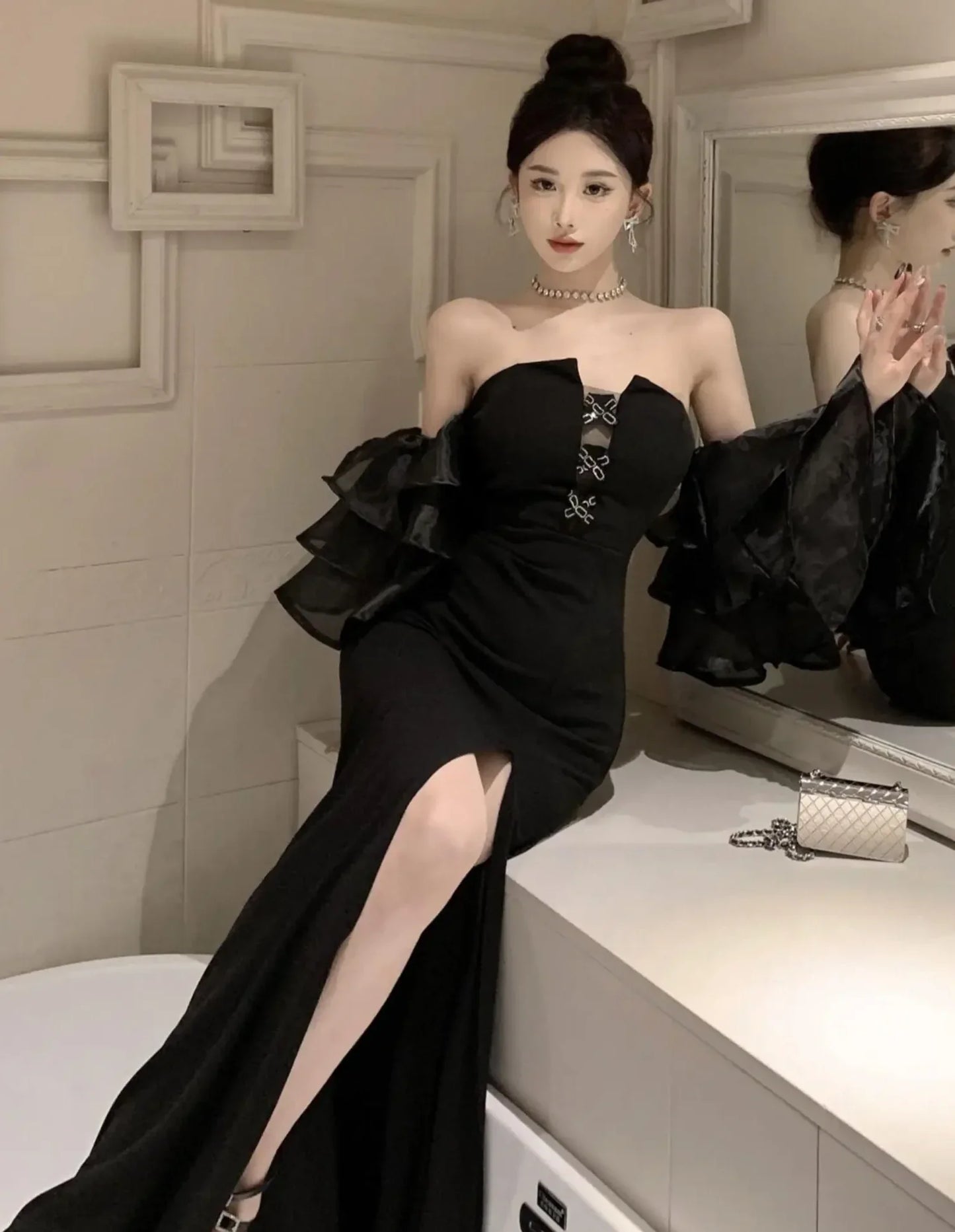 Fashion Sexy Black Party Prom Dresses Elegant Slim Waist Split Runway Robe Women Spring Summer Off Shoulder Vestidos Clothes