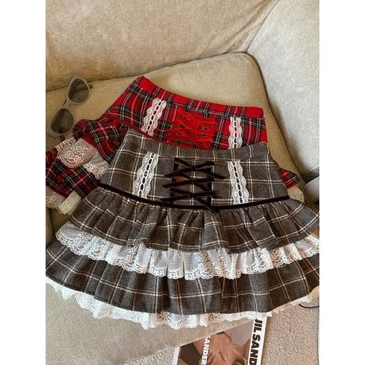 maoxiangshop  -  Kawaii Ruffle Lace Plaid Skirts Women Sweet Elegant Mini Skirt Cutecore Autumn Winter Patchwork A-line Short Skirts