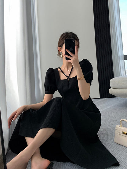 maoxiangshop Summer Women Fashion Elegant Casual Solid Puff Sleeve Midi Dresses Evening Office Lady Female A Line Clothes Vestdios Black