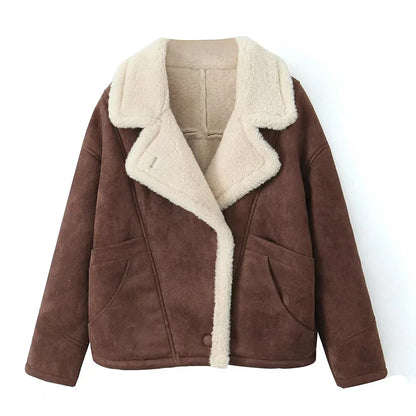 maoxiangshop  -  Fashion Oversize Loose Lamb Jacket For Women 2024 Winter Long Sleeve Button Fleece Coats Female Hip Hop Street Fluffy Outerwear