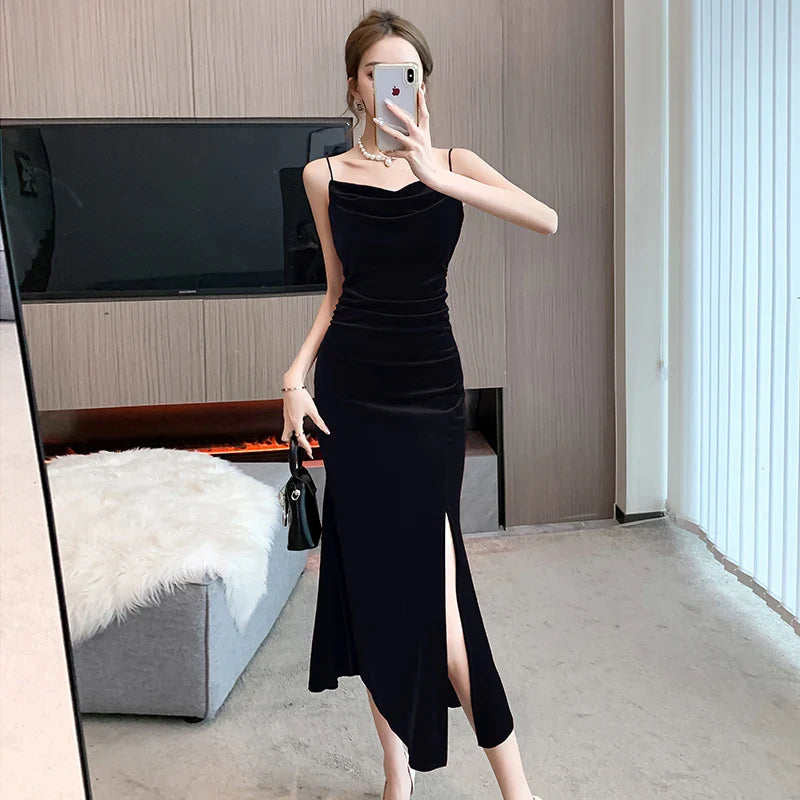 maoxiangshop Sexy Vintage Split Velvet Spaghetti Strap Midi Dresses for Women Autumn Winter French Elegant Wedding Party Female Clothing