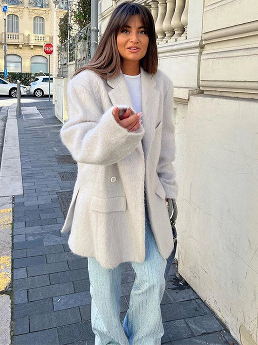 maoxiangshop  -  Fashion Plush Solid Color Women's Coat Turndown Collar Single Breasted Casual Loose Coats Winter Warm Windproof Women Outerwears