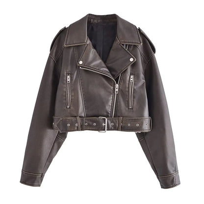 maoxiangshopWomen Vintage Loose Pu Faux Leather Short Jacket with Belt Streetwear Female Zipper Retro Moto Biker Coat Outwear Tops