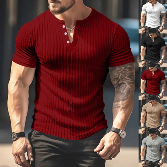 maoxiangshop Summer Slim Henry shirt short sleeve T-shirt Small T-shirt casual top sports fitness men's round neck T-shirt Ropa Hombre