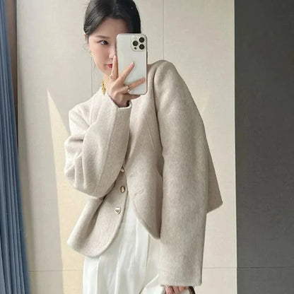 Cropped Blends Women Vintage Elegant Short Wool Coat Korean Single Breasted Jackets Sweet Casual All Match Outerwear Tops