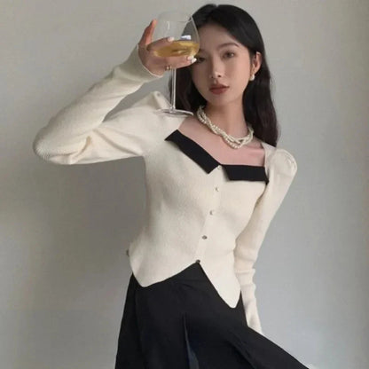 Vintage Knitted Sweater Women Square Collar Cropped Pullovers Korean Elegant Slim Knitwear Simple Patchwork Jumpers Tops