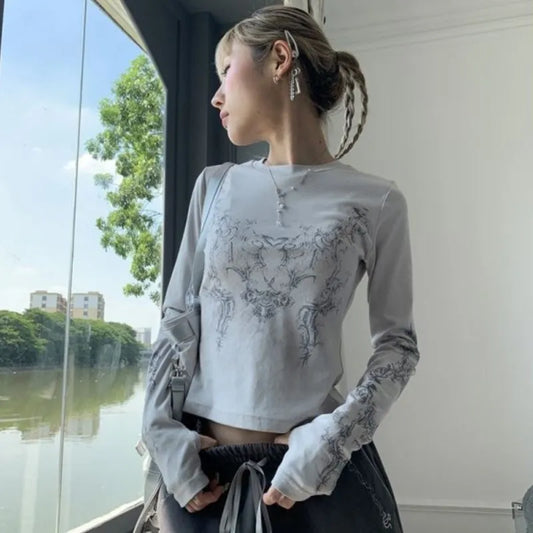 maoxiangshop- Vintage Women Clothes Y2k Spring Outfits T-shirts Mujer De Moda O-neck Long Sleeve Print Woman Tshirts Fashion Casual Tops Gothic Crop Top
