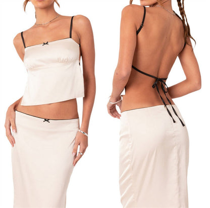 maoxiangshopTwo Piece Skirt Set Women's Suit y2k Clothes Summer Sexy Outfit Cropped Top and Split Skirt Chic Elegant Female Clothing