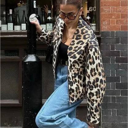 maoxiangshop  -  Vintage Leopard Print Bomber Jacket Women Elegant Lapel Long Sleeves Zipper Pockets Lady Coat 2024 Autumn High Street Streetwear
