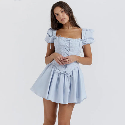 Summer Detachable Puff Sleeve Corset Dress Mini Elegant Blue Square Neck Dress Casual Women Holiday Party Dress