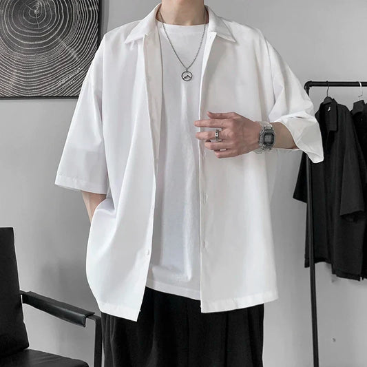 maoxiangshop Half Sleeve Shirts Men Clothing All-match Ulzzang Fashion Students Handsome Summer Thin Casual Simply Baggy Hemden Pure Color