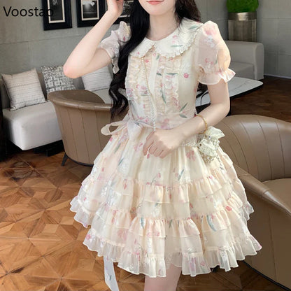 maoxiangshop Summer Sweet Lolita Style Fairy Dress Women Cute Peter Pan Collar Floral Ruffles Princess Dresses Female Chic Vacation Vestidos