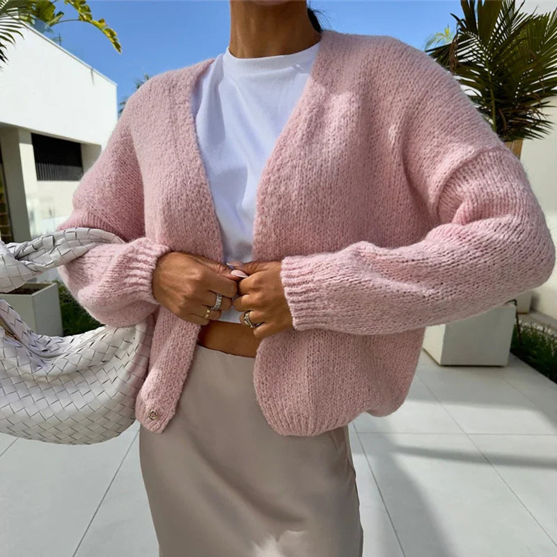 maoxiangshop  -  Winter Cardigan Warm Solid Color Thickness Cardigan New Autumn Loose Long Sleeved Women Sweater Commuter 2024 Knit Fleece Coat