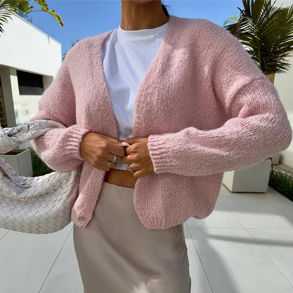 maoxiangshop  -  Winter Cardigan Warm Solid Color Thickness Cardigan New Autumn Loose Long Sleeved Women Sweater Commuter 2024 Knit Fleece Coat