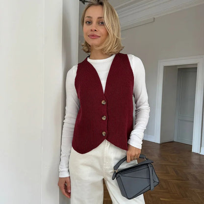 maoxiangshop  -  Casual Knitted Sleeveless Vests Women Solid Colorful Singled-Breasted Sweater Female Autumn Chic Loose Soft Tops All-matching