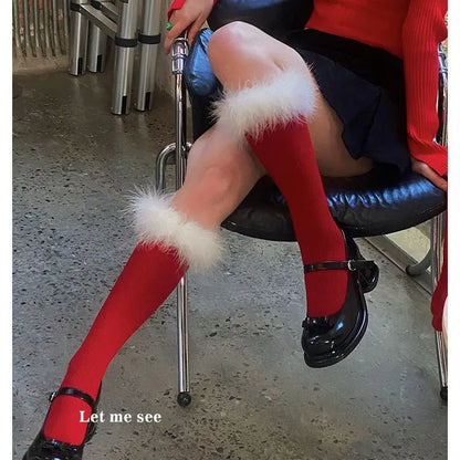 maoxiangshop  -  Winter Christmas New Year Red Socks Feather Lace Warm Long Socks for Women Japanese JK Girl Sweet Lolita Slim Sexy Stockings
