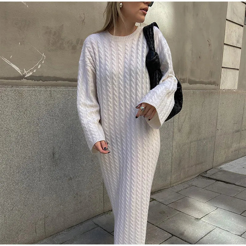 maoxiangshop Autumn Winter Knitted Dress Women Fashion Solid Color Ribbed Sweater Dress Female Elegant Casual Loose Long Sleeve Long Dresses