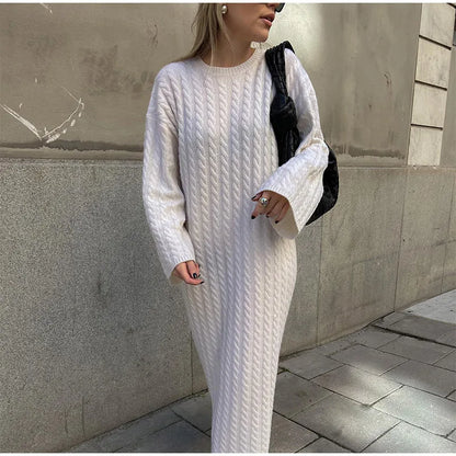 maoxiangshop Autumn Winter Knitted Dress Women Fashion Solid Color Ribbed Sweater Dress Female Elegant Casual Loose Long Sleeve Long Dresses