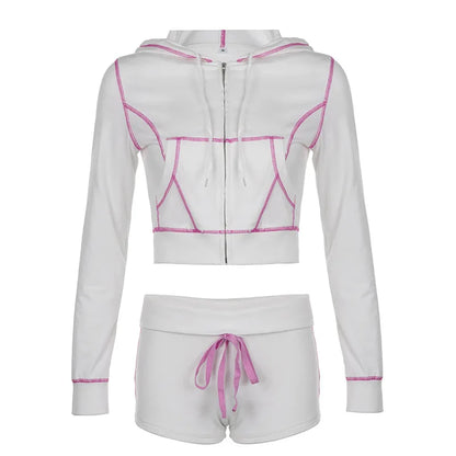 maoxiangshop  -  Lace Up Short Sets For Women 2 Piece Summer Outfits Autumn New Slim Knitted Hoodies And Short Suits Woman Clothes