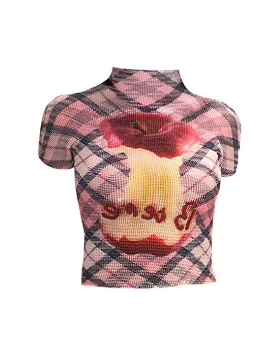 Summer Women Vintage 2000s Aesthetic Plaid Graphic T-Shirts Short Sleeve Tees Stretch Crop Tops Korean Coquette Gyaru Cute Tide