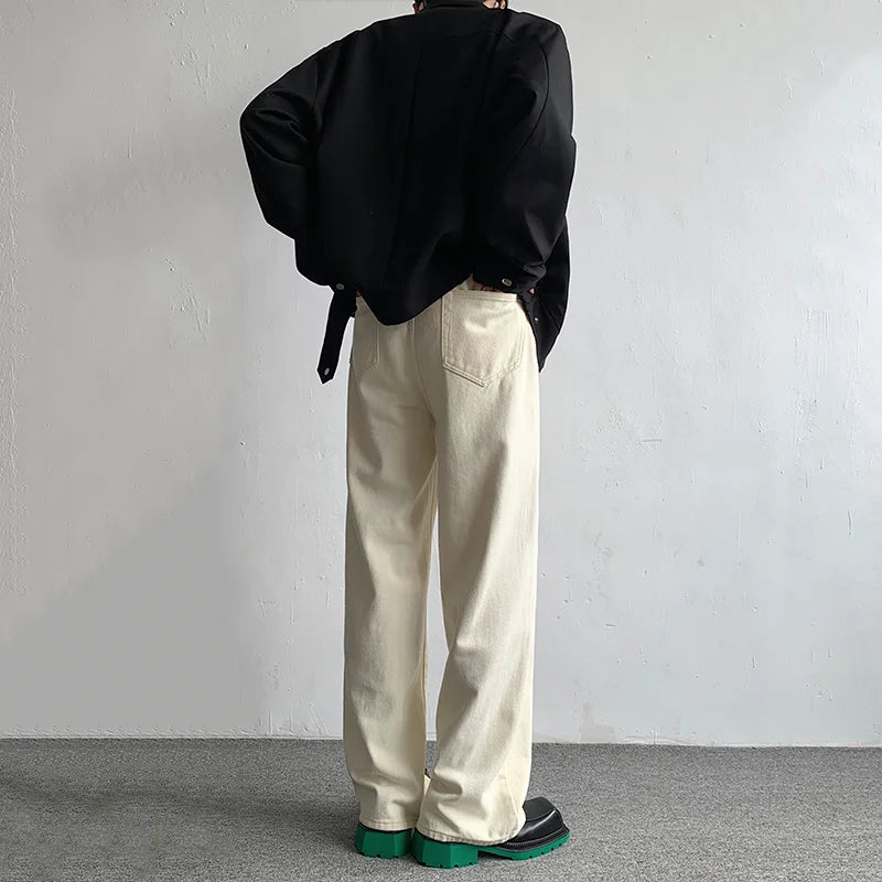 maoxiangshop Baggy Beige Jeans Men Fashion Casual Oversized Wide Leg Jeans Men Streetwear Korean Loose Straight Denim Pants Mens Trousers