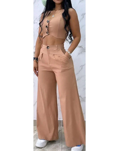 maoxiangshop Sexy Womens Two Piece Sets Outfit Buttoned Vest Coat & Wide Leg Pants Set New Fashion Casual Elegant Female Suit