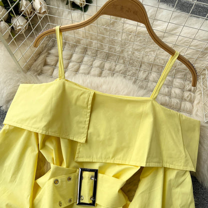 maoxiangshop New Fashion Women Spring Summer Yellow Shirt Sexy Spaghetti Strap Slash Neck Off Shoulder Long Sleeve Blouse with Belt