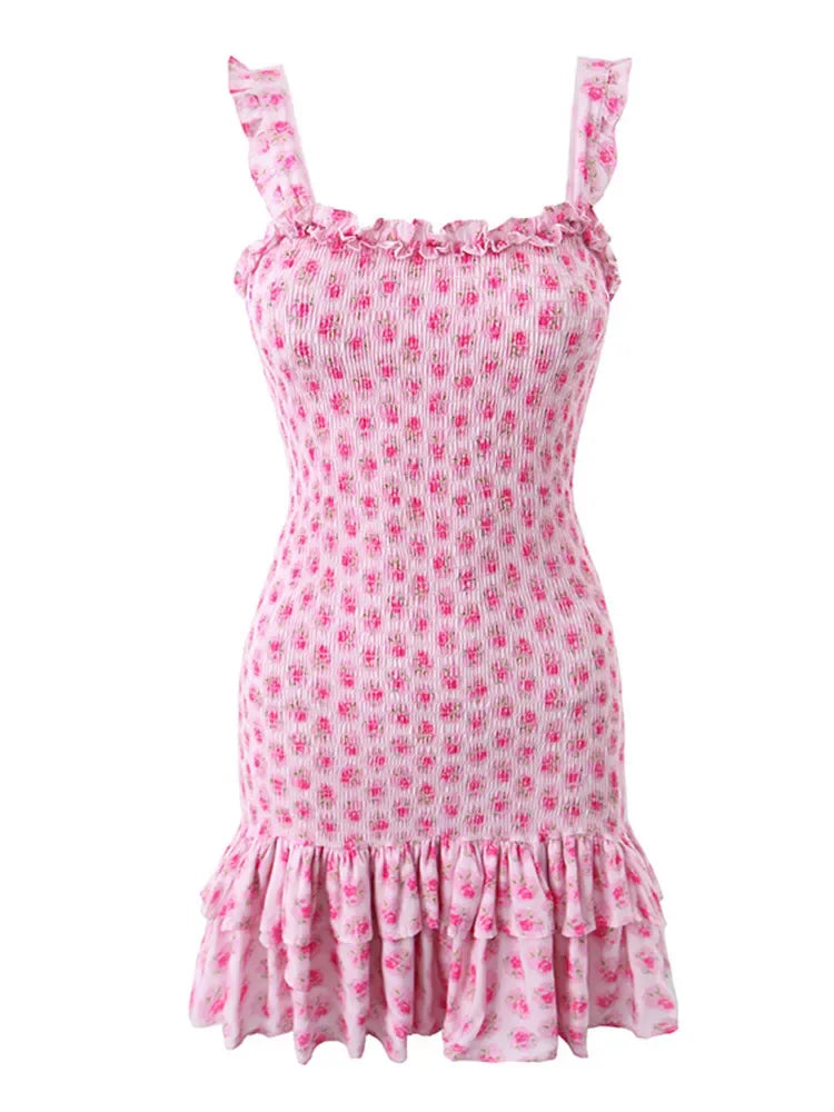 Chu Sau beauty New Summer Fashion Sweet Floral Print Elastic Tight Mini Dress Cute Chic Ruffles Sexy Backless Straped Dresses