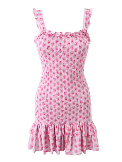 Chu Sau beauty New Summer Fashion Sweet Floral Print Elastic Tight Mini Dress Cute Chic Ruffles Sexy Backless Straped Dresses