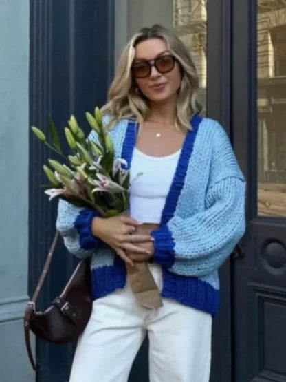 maoxiangshop  -  Women Casual Blue Contrast Color Knitted Sweater Jacket Loose Long Sleeve V Neck Cardigan Autumn Fashion Lady Street Knitwear
