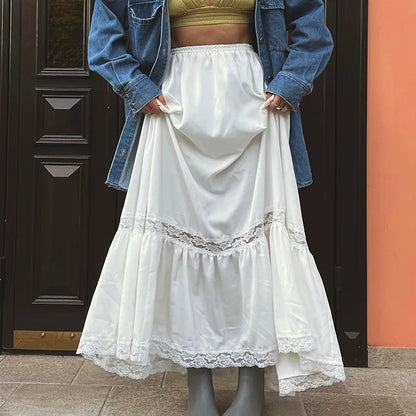 maoxiangshop -  Women's Autumn and Winter New Lace Splicing Low Waist Swing Skirt Elegant Casual Long Skirt Vestidos