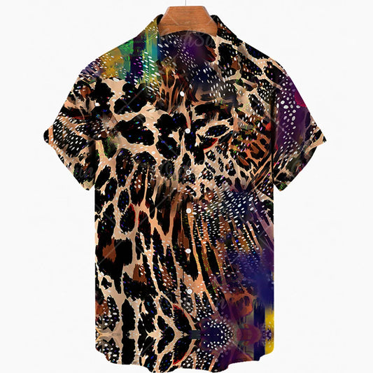 maoxiangshop Short Sleeve Leopard Men's Shirts For Man Clothing Hawaiian Fashion 3D Print Thin Lapel Floral Casual Oversized Imported Camisa