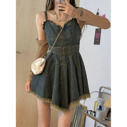 Y2K Belt Denim Mini Dress Women Vintage Irregular Tassel Spaghetti Strap Jeans Dresses Streetwear A Line Tunic Vestidos