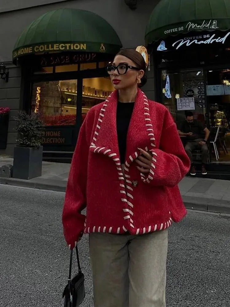 maoxiangshop  -  Wool Coat Women Plush Jackets Chic Laple Patchwork Long Sleeve Short Fleece Top 2024 Autumn Winter Fashion New Lady Streetwears
