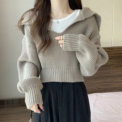 maoxiangshop Rimocy Long Sleeve Cropped Sweater Women Autumn Winter Turn Down Collar Knitted Jumper Woman Korean Style Solid Color Jerseys