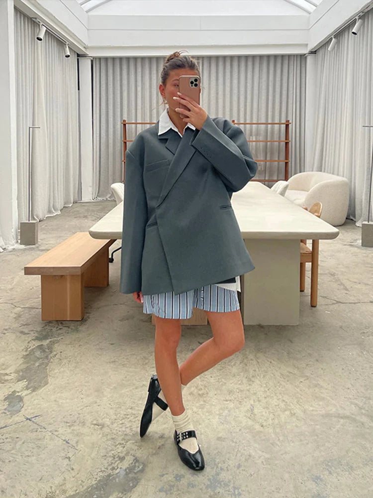 maoxiangshop  -  Loose Slanted Placket Suit Jacket Women Autumn Oversize Solid Suits Coat Female Elegant Casual Hidden Button Lapel Slit Coats