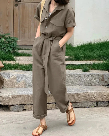 maoxiangshop Women Summer Jumpsuit Lapel Solid Color Short Sleeved Dungarees Femme Fashion Causal Elegant Rompers Work OL Pant