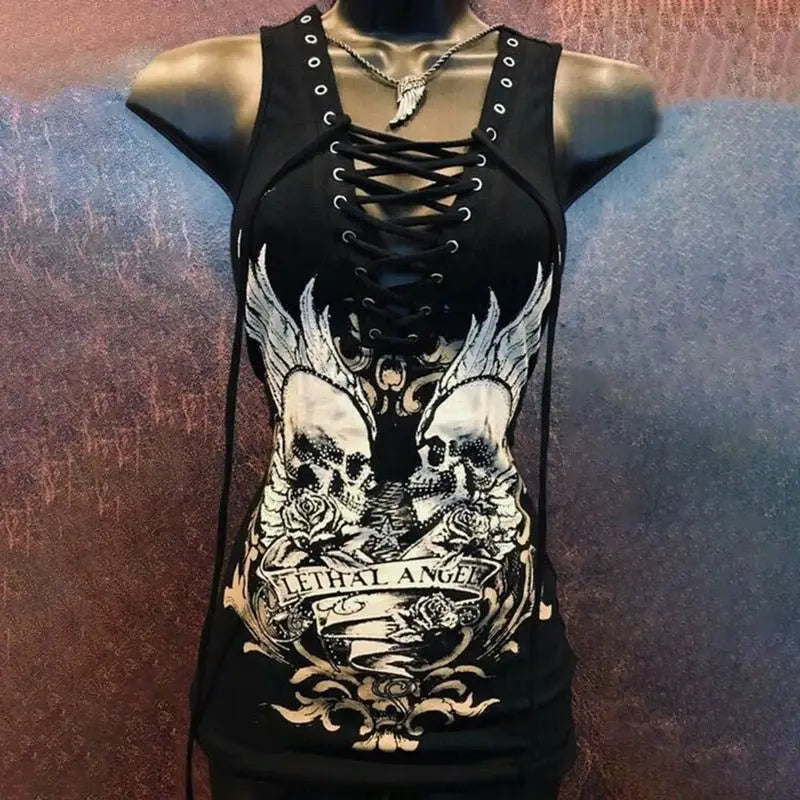 maoxiangshop  -  Dark Gothic Skull Print Tie Up Y2K Spicy Girl Slip Dress Summer New Fashion Slimming Tie Up Mid length Tank Top Women Clothing