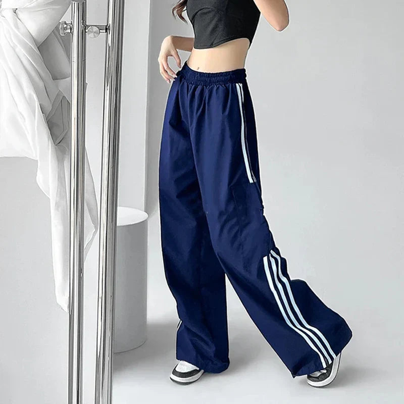 Striped Sweatpants Women Hip Hop Streetwear Baggy Wide Leg Cargo Pants Bf Y2K High Waist Drawstring Joggers Trousers